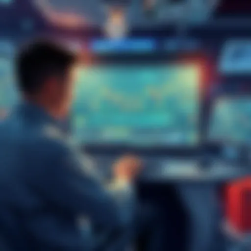 A digital illustration showing a trader using a platform for on-chain commodities trading with graphs and market data on the screen.