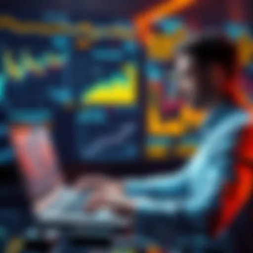 A person analyzing blockchain data on a laptop, surrounded by charts and graphs related to cryptocurrency, indicating the job of an on-chain investigator.