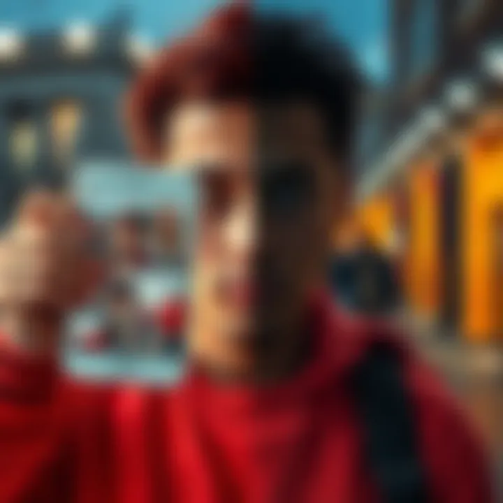 A person showing a glamorous social media post on one side and their everyday life on the other side, highlighting the difference between online images and reality.