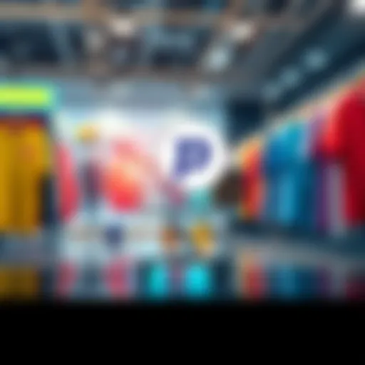 A digital representation of an online clothing store featuring a shopping cart and the Pi Network payment logo, showcasing automated transactions.