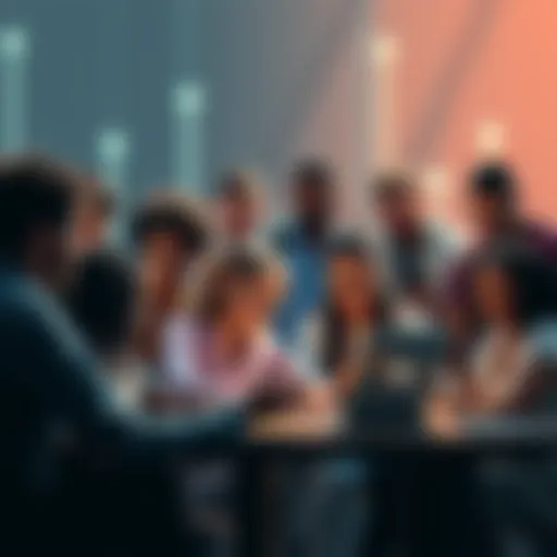 A group of diverse people collaborating around a digital platform, showcasing elements of membership and ownership concepts for an online community.
