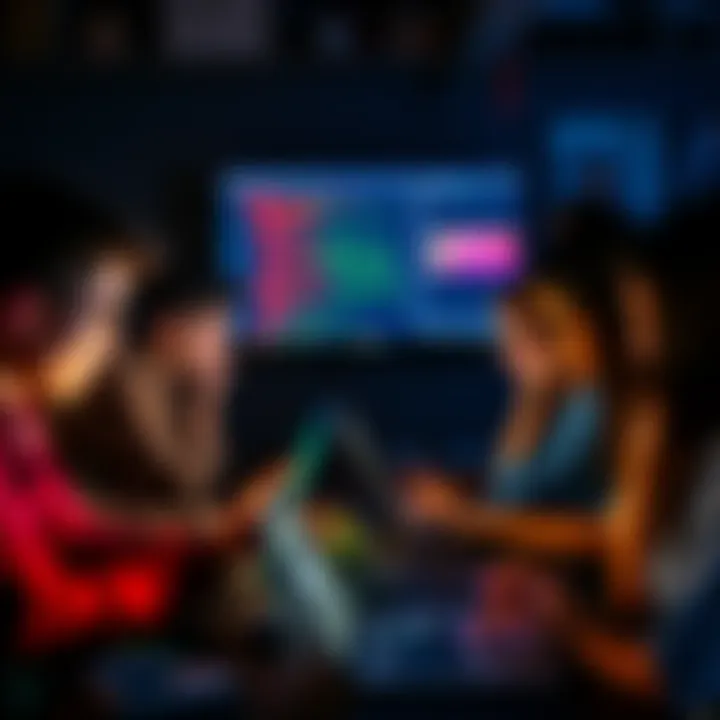 A diverse group of people working together on laptops during an online hackathon, with a screen displaying coding and teamwork.