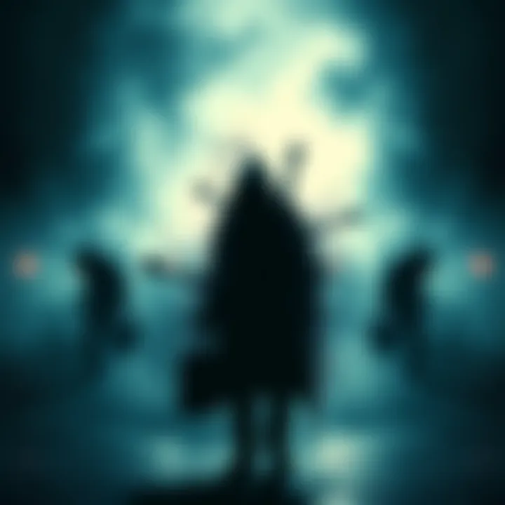 An abstract representation of online hate communities, featuring shadowy figures and fragmented digital elements.