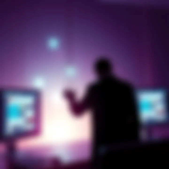 A silhouette of a person controlling strings attached to various computer screens showing forums and user boards