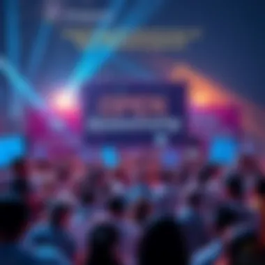 Open Network Anniversary Celebration A joyful gathering of people celebrating the anniversary of the Open Network, with banners and signs reflecting Pi's success and future goals.