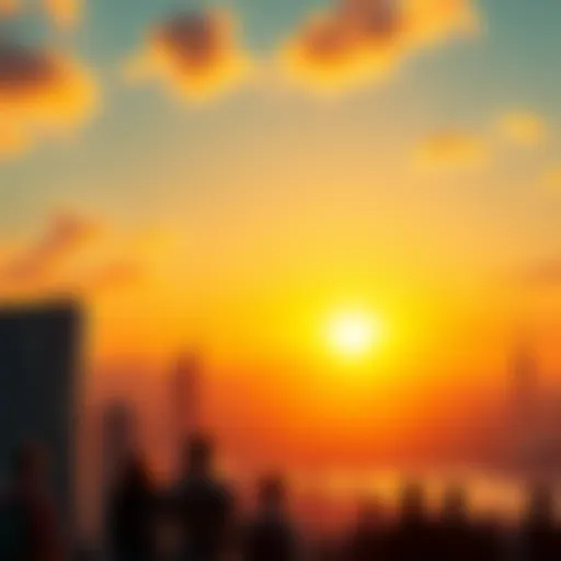 A bright sunrise over a city skyline with people looking up, symbolizing new opportunities this month