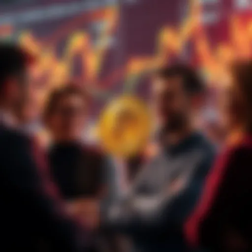 A group of people discussing their positive outlook on a digital coin despite its recent price drop, with charts and graphs in the background.