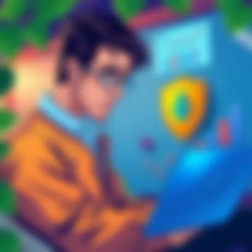 An illustration showing a worried investor looking at charts and graphs related to the Orchard Bug situation, while a security shield symbolizes protective measures.