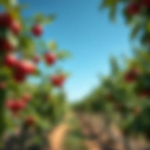 A vibrant orchard with fresh fruits hanging from the branches under clear blue skies, symbolizing the debate between privacy and security.