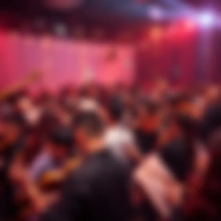 A lively gathering of musicians playing different instruments at an orchestra party, creating a joyful atmosphere.