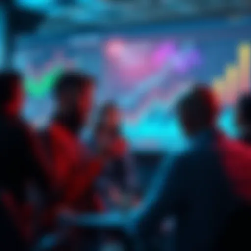 A group of people discussing app marketing strategies with charts and graphs in the background
