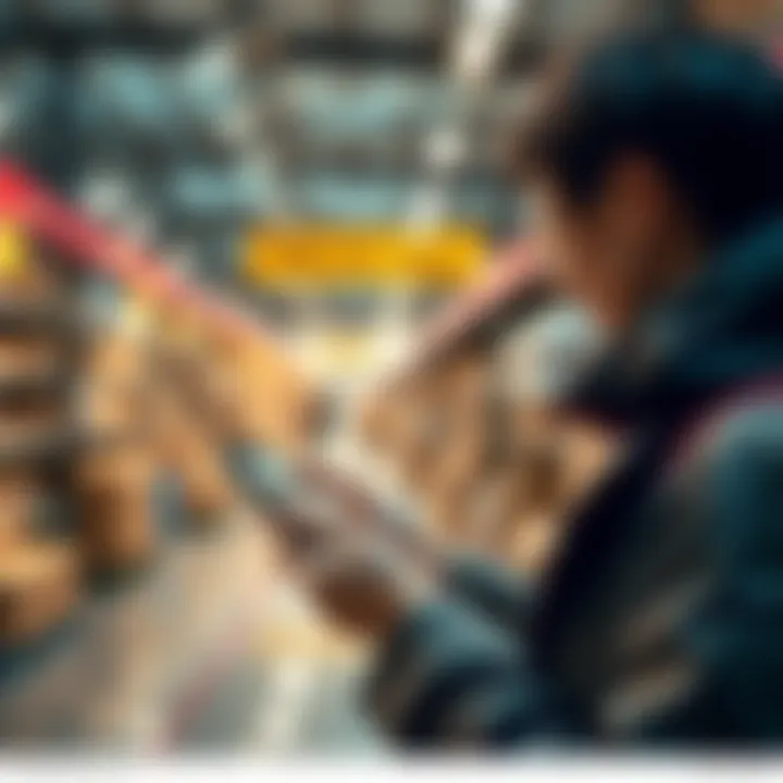 A person using an orientation app on a smartphone to find parcels in a large area