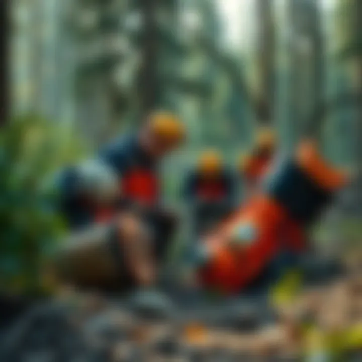 Group of outdoor miners using equipment in a forest setting to extract resources