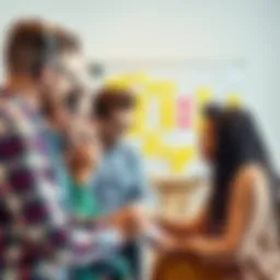 A group of diverse people brainstorming together, sharing ideas to solve mental roadblocks, with sticky notes and a whiteboard in the background.