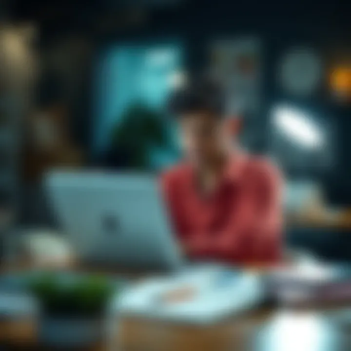 Person overcoming procrastination A person sitting at a desk with a laptop, looking focused and motivated, surrounded by tools for productivity.