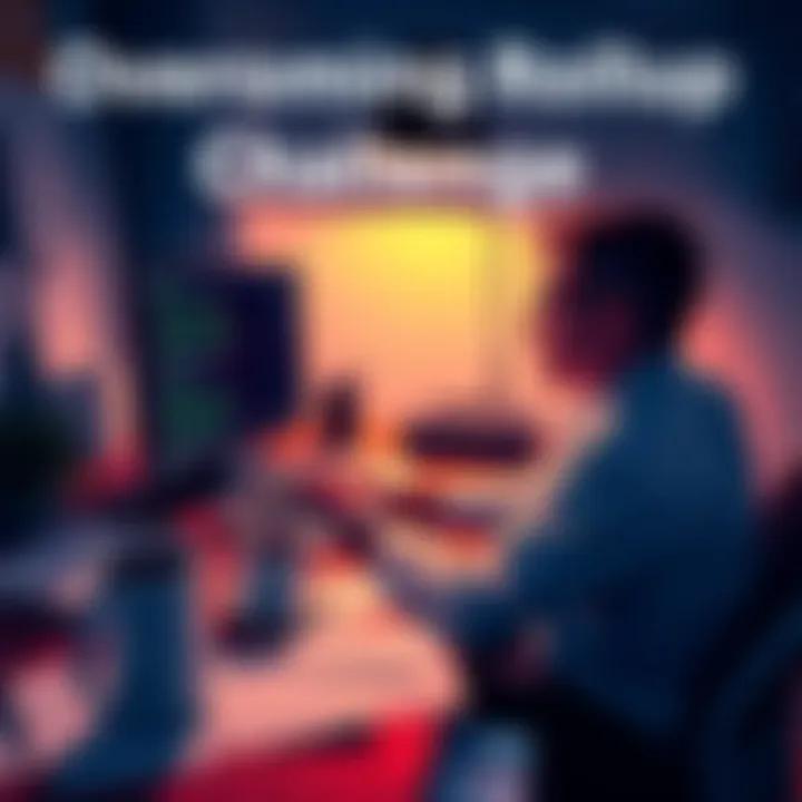 A founder sitting at a desk, looking at a laptop screen displaying code and troubleshooting errors. Papers and coffee cup scattered around, illustrating a hectic work environment focused on solving te...