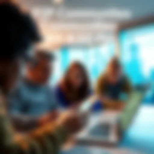 A group of people discussing peer-to-peer transactions on a laptop and smartphone, showcasing community engagement without KYC fees.