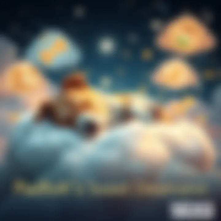 A cozy dog named Padfoot sleeping peacefully on a fluffy cloud, surrounded by whimsical dream bubbles filled with joyful images, like bones and toys.