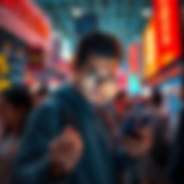 A person looking worried while checking Bitcoin prices on a smartphone in a crowded market setting