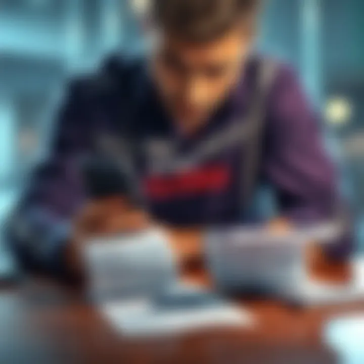A worried man looking at a phone notification about his account being closed, with bills and a car insurance paper on the table in front of him.
