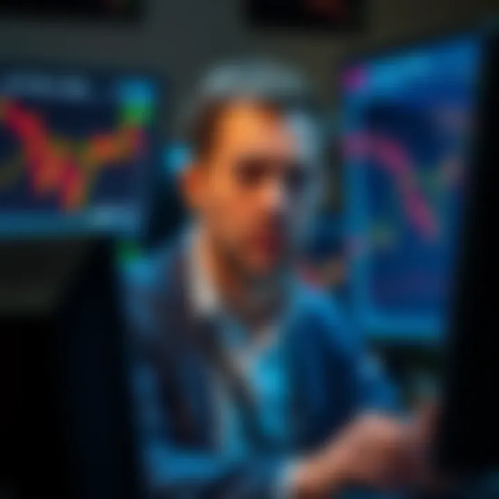 A trader looking worried while monitoring stock charts showing a drop and rise in prices, illustrating panic selling at a low and buying back at a high.