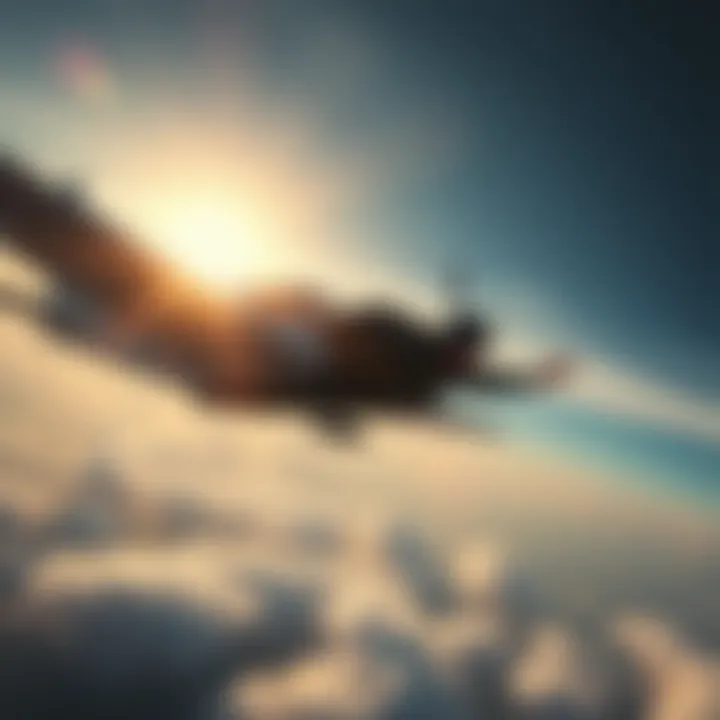 Person parachuting from a plane A person experiencing an adrenaline rush while parachuting from a plane, soaring through the sky with an open parachute.