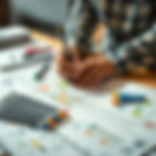 Parcel design planning A person sketching parcel designs with colorful markers on a table filled with materials.