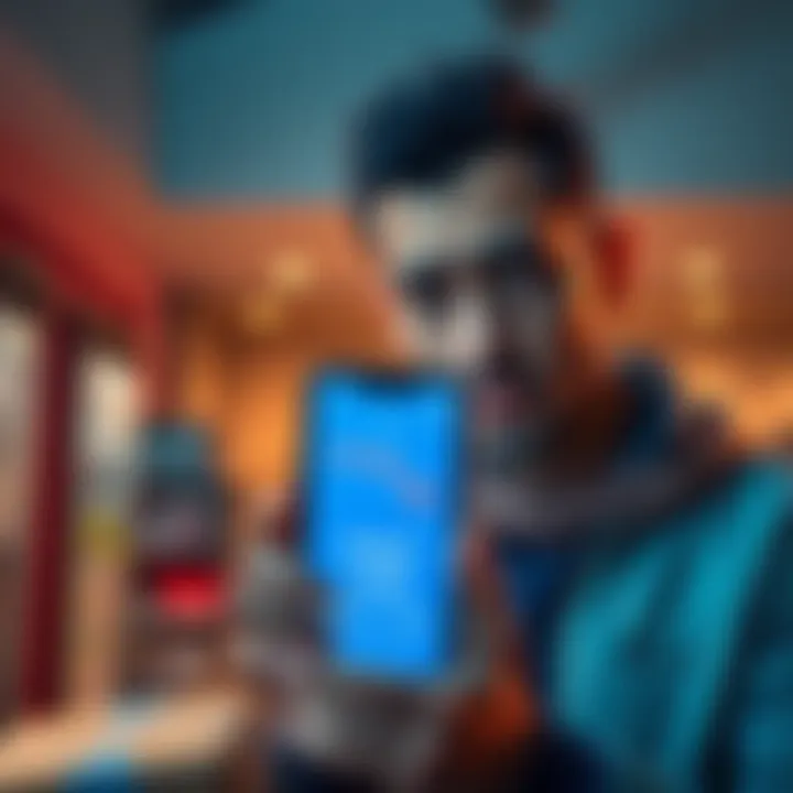 A worried person holding a parcel, looking at a declining boost indicator on a smartphone screen.