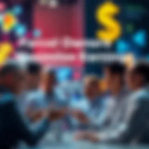 A group of people discussing strategies for increasing daily earnings from parcels, with visual representations of gems and dollar signs in the background.