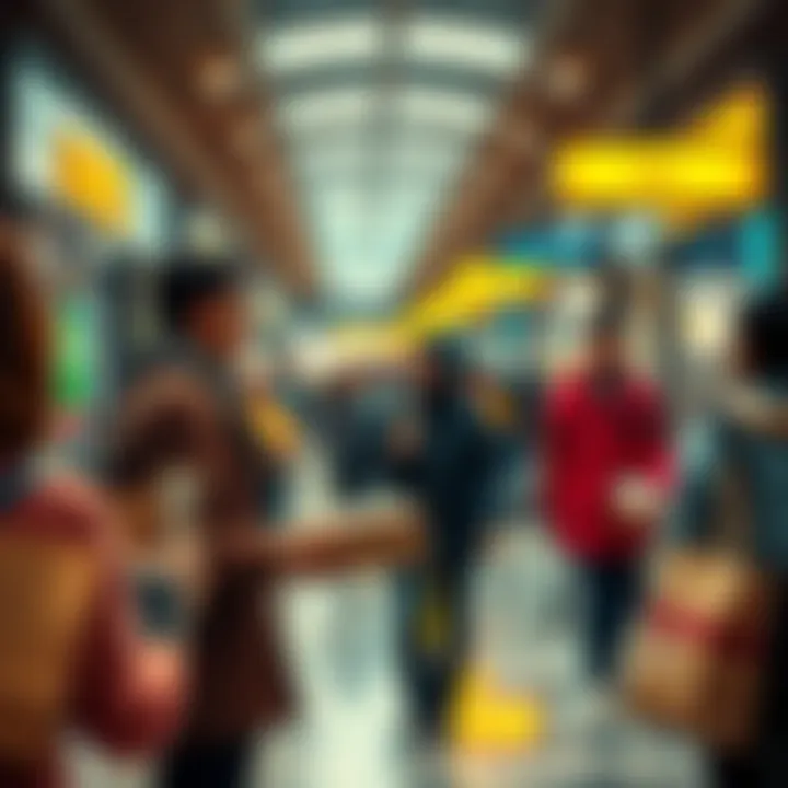 A person politely receiving a parcel in a busy public space