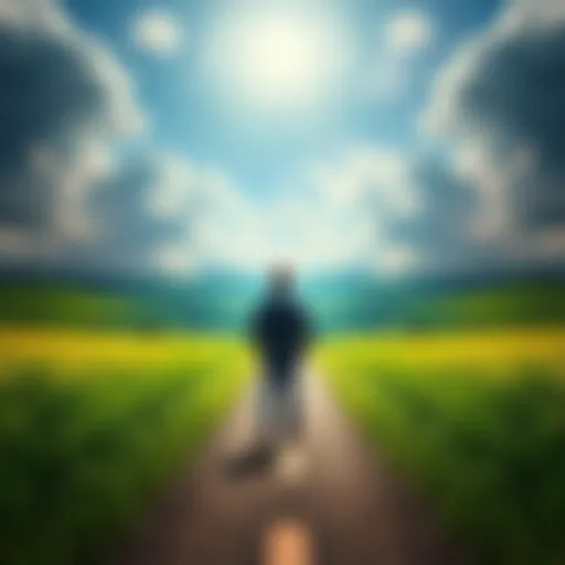A person stands at a crossroads, weighing the benefits of upgrading a single parcel to legendary status against the option of buying multiple new parcels. Green fields and open spaces are visible in t...