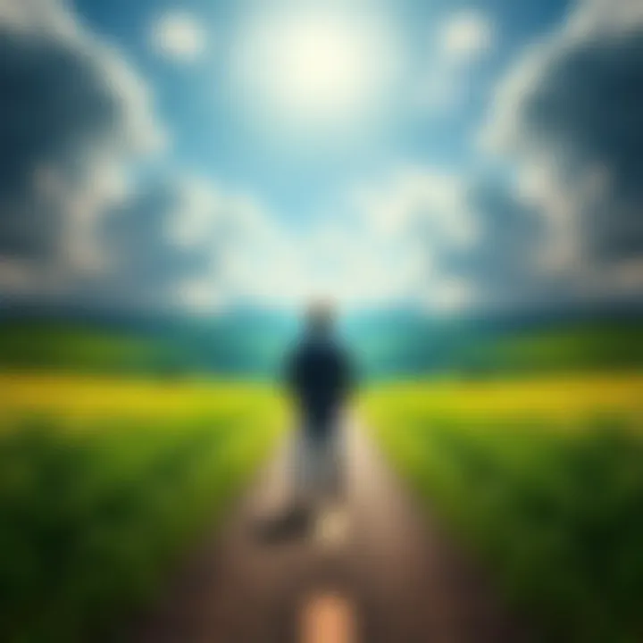 A person stands at a crossroads, weighing the benefits of upgrading a single parcel to legendary status against the option of buying multiple new parcels. Green fields and open spaces are visible in t...
