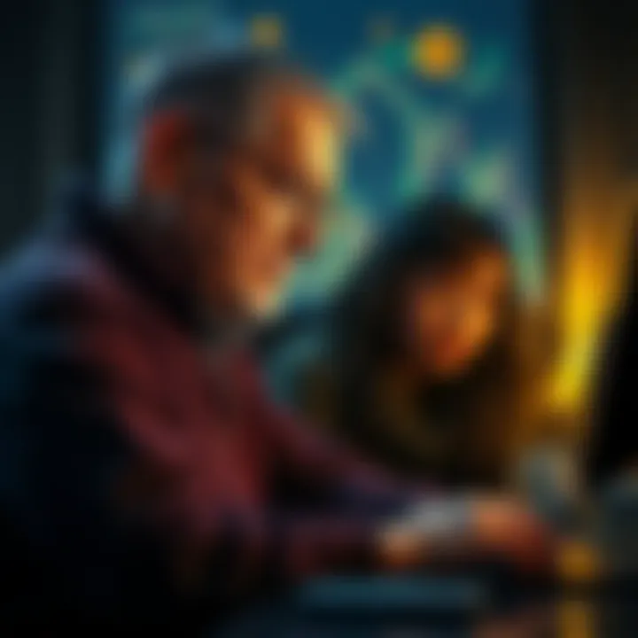 Parent searching for Bitcoin A grieving parent looking at a computer screen with cryptocurrency symbols, reflecting on their late son's Bitcoin inheritance.