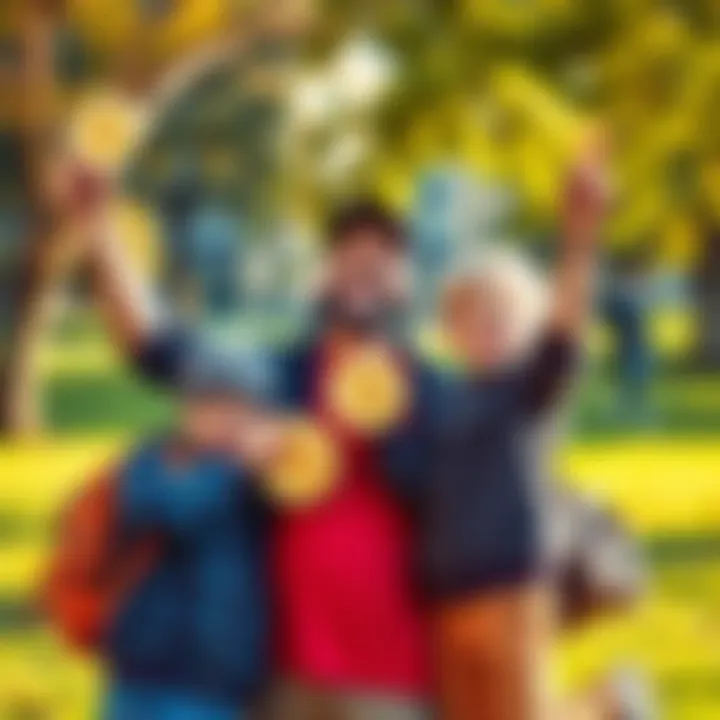 A happy parent holding Bitcoin with their children in a park, celebrating a profitable investment.