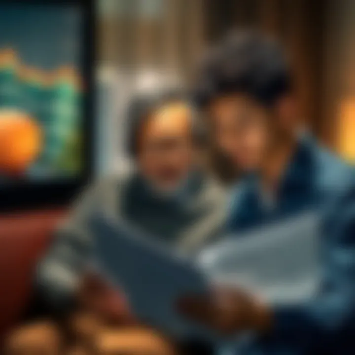 A parent looking at financial documents and plans for their son's future investment