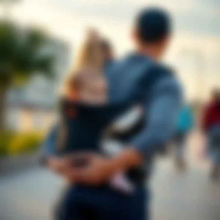 A parent carrying a baby in a Happy Baby Lite carrier while walking outdoors