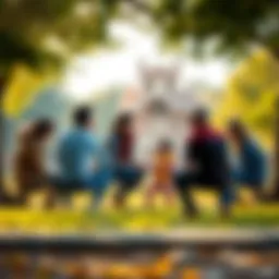 A group of parents engaged in a serious discussion about different parenting styles at a park, with children playing in the background.