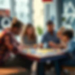 A group of parents discussing work-life balance while engaged in the Atlas Earth game with children playing nearby.