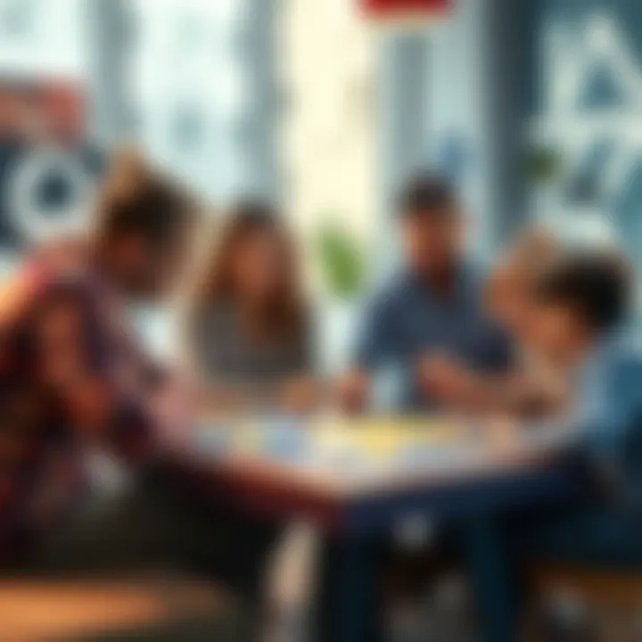 A group of parents discussing work-life balance while engaged in the Atlas Earth game with children playing nearby.