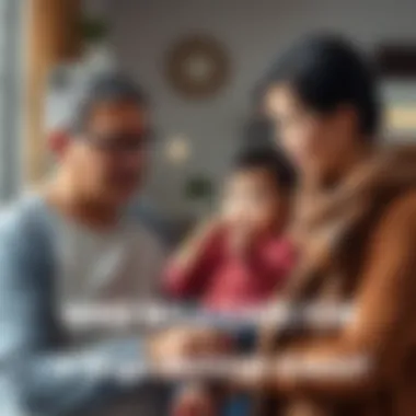 A parent discussing caregiver options with a thoughtful expression while holding a child