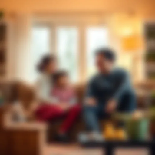 A mother and father sitting with their child, talking and laughing together in a warm living room, showcasing family communication and connection
