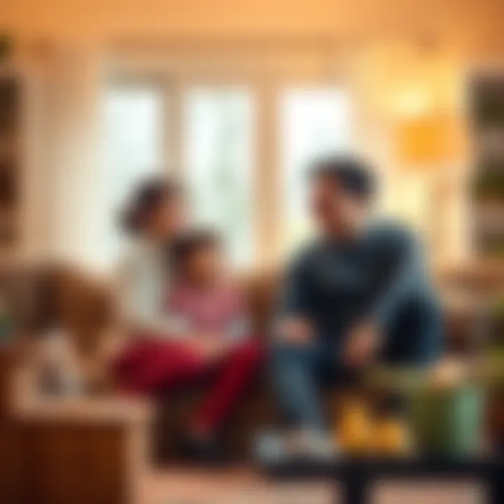 A mother and father sitting with their child, talking and laughing together in a warm living room, showcasing family communication and connection
