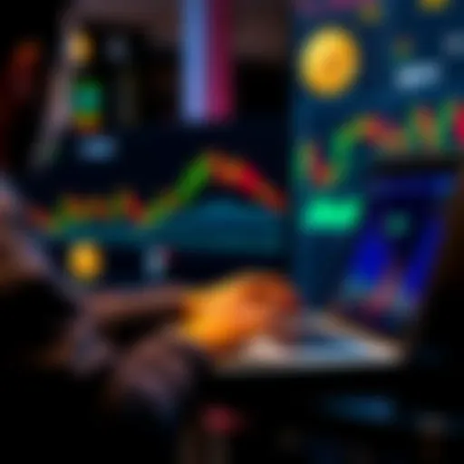 A person analyzing Bitcoin prices on a laptop while considering an investment, with graphs showing market trends in the background.
