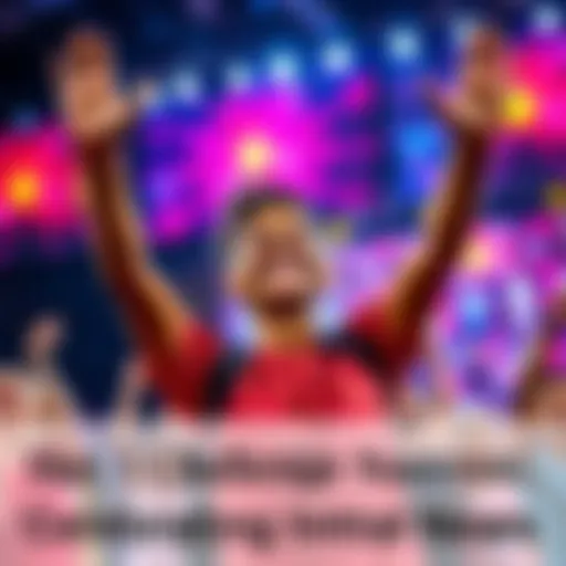 Participant Celebrating Day 1 Success A participant smiles and raises their hands in victory after achieving goals on the first day of a challenge, with a vibrant background showing a cheering crowd.