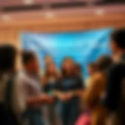 Group of young people discussing travel issues for hackathon in front of a banner