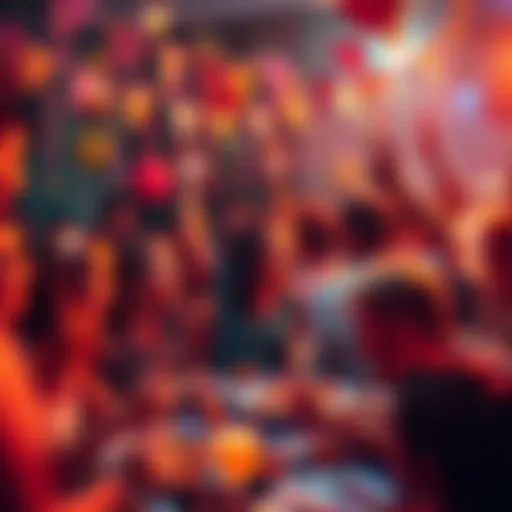 A lively gathering of people enjoying a colorful party with decorations and food