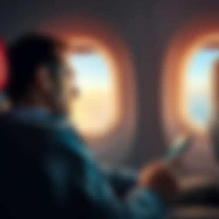 A passenger looking frustrated while trying to access the AE game on a tablet during a flight, with a plane window in the background
