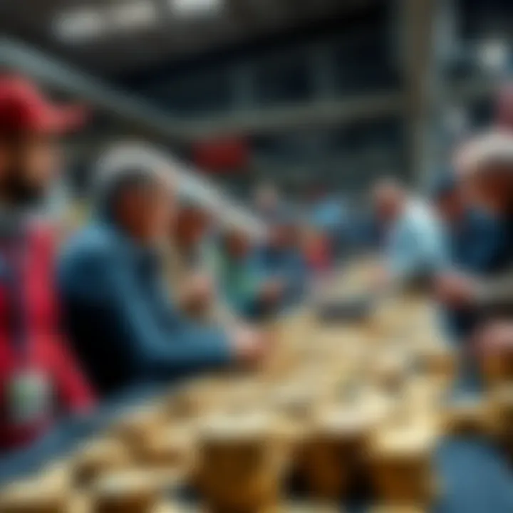 A group of people actively discussing and trading coins at a coin show, showcasing their enthusiasm for collecting and exchanging. Coins are spread out on tables, and collectors are examining them closely.