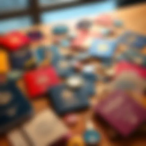 A variety of colorful passports and badges spread out on a table, symbolizing travel investment choices