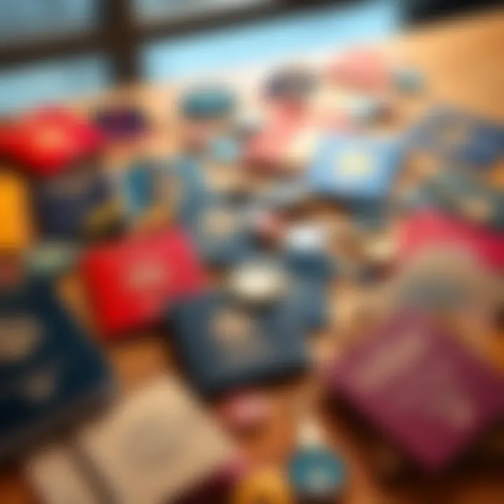 A variety of colorful passports and badges spread out on a table, symbolizing travel investment choices